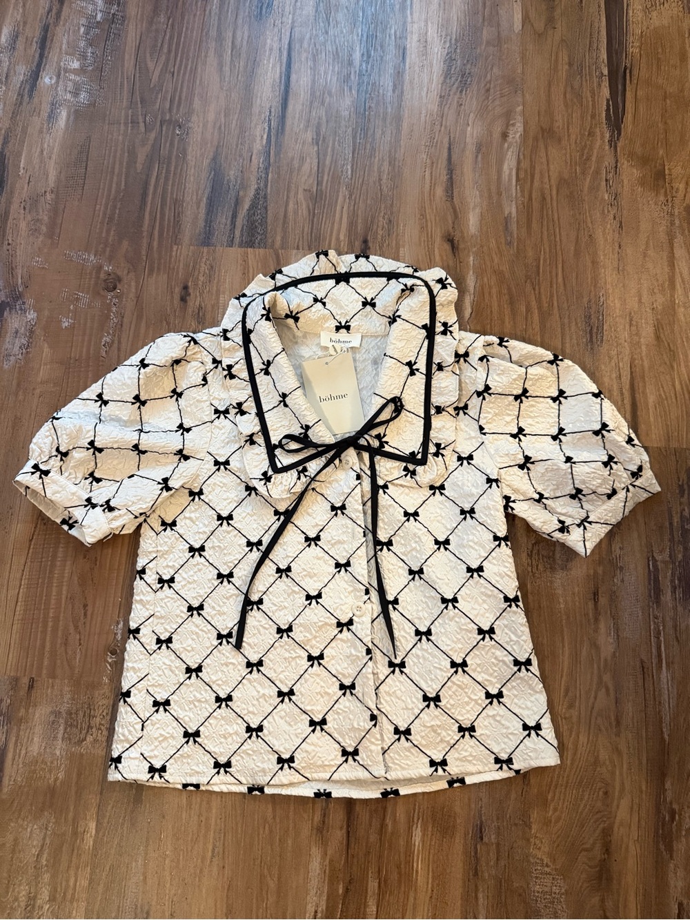 NWT Cream Textured Blouse With Black Bow Embroidery